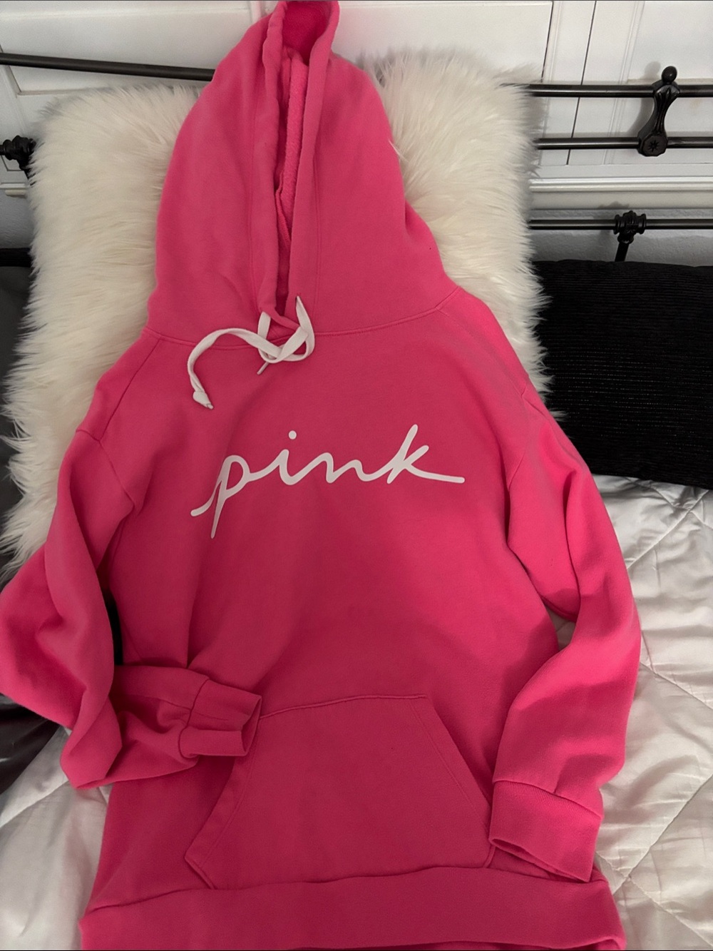 PINK Victoria's Secret Hot Pink Script Logo Hoodie. Fits like a small